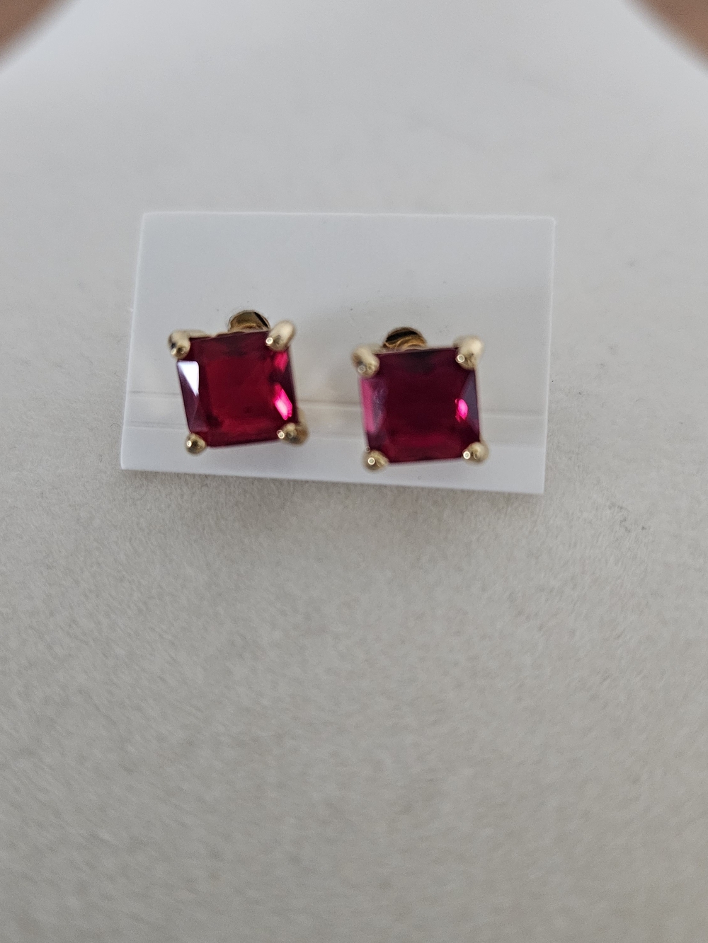 Gold-Tone Square Ruby Red Stud Earrings